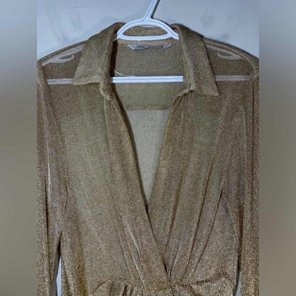 Zara Rose Gold Metallic Thread Pleated Blouse size M - Picture 10 of 11